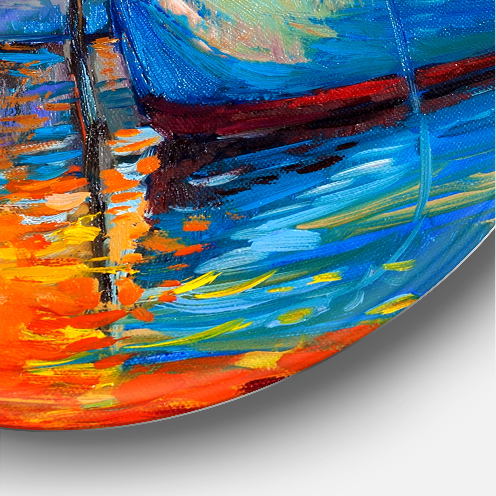 Designart 'Boats During Warm Sunset Resting On The Water VIII' Nautical & Coastal Circle Metal Wall Art 11x11 - Disc of 11