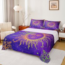 Manfei Boho Abstract Sun Bed Sheets,Vintage Damask Floral King Sheets,Purple Gold Sheet Set For Adults,Luxury Bedroom Decor,4-Piece