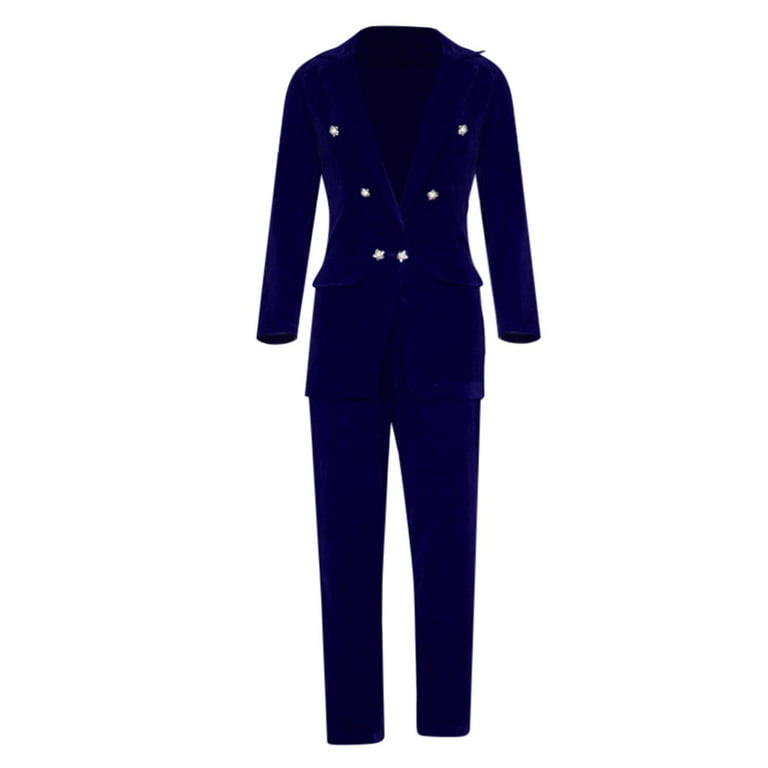 JDEFEG Interview Outfits Women's Autumn and Winter Solid Color Long Sleeve  Lapel Casual Suit Women's Suit Evening Pants Suits for Women Polyester Blue  L 