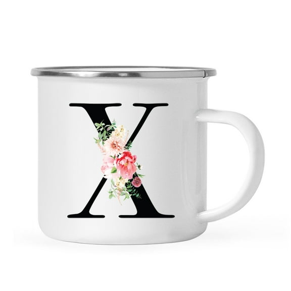 Koyal Wholesale Stainless Steel Campfire Coffee Mug, Blush Floral Monogram, Letter X