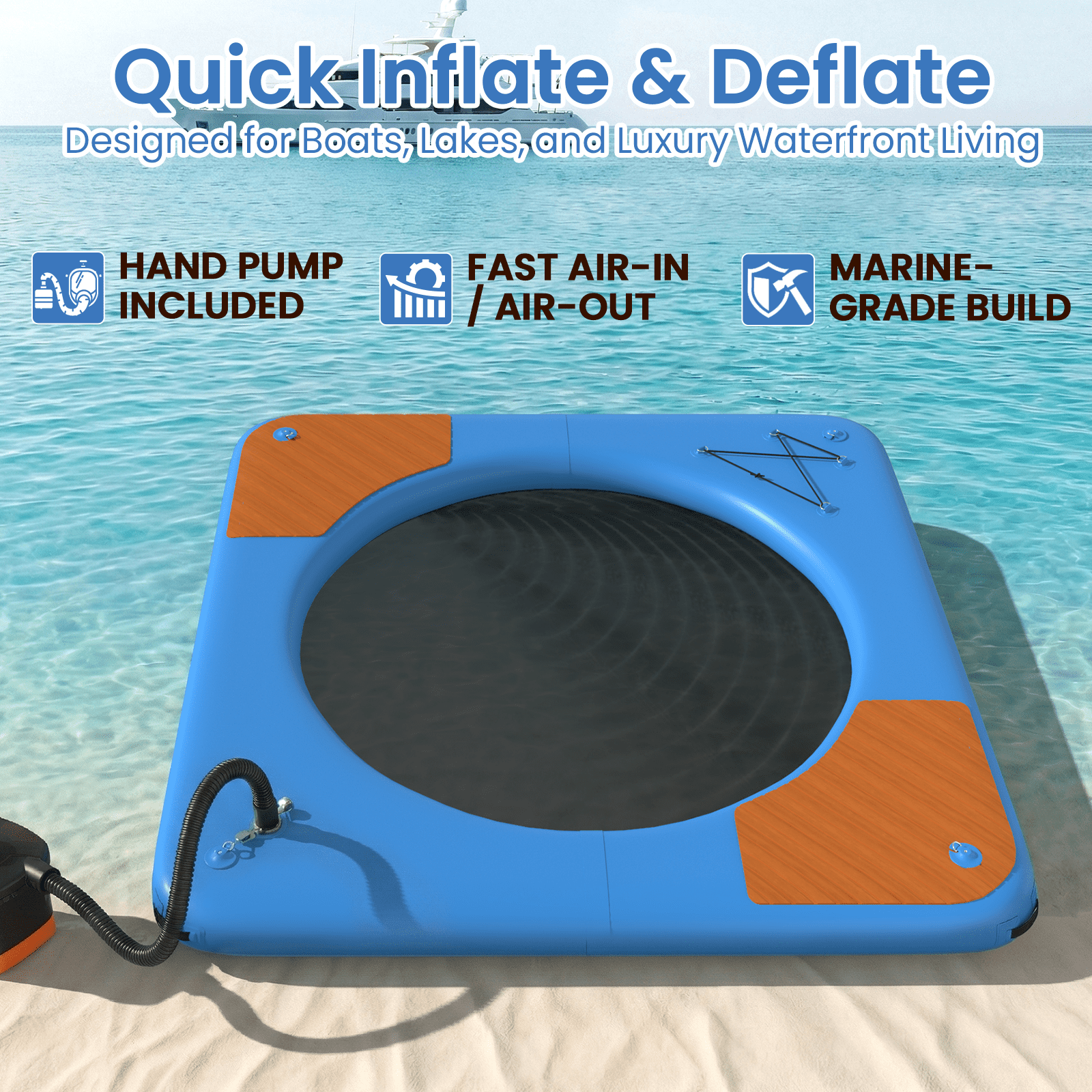 Bezliving 10 ft Inflatable Floating Dock with Mesh Swim Net, 6 in Thick Platform for Lake and Pool, Non-Slip EVA Deck, Heavy-Duty D-Rings