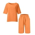 thumbnail image 3 of Two Piece Sweatsuit Sets Womens Plus Size Capris Sets, Summer 2 Piece Linen Outfits, 3/4 Sleeve Side Slit Blouse Tops Cropped Pants with Pockets Orange XXL, 3 of 5