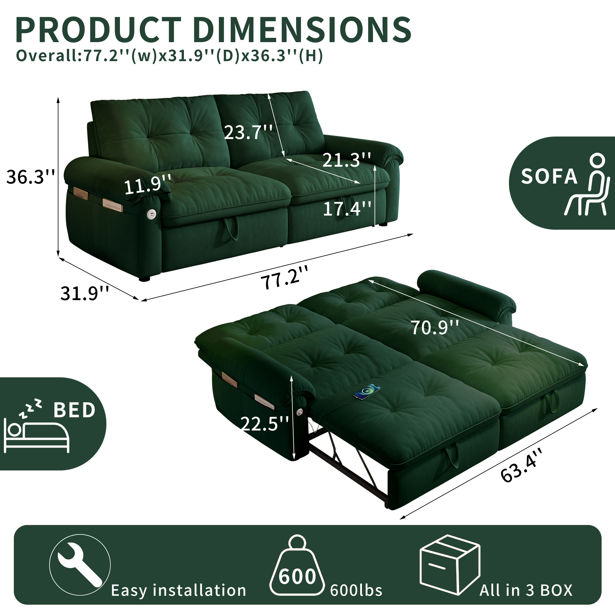 Leumius 77" Convertible Sofa Bed,2-in-1 Cloud Loveseat Sleeper Sofa with Steel Frame & USB, Chenille Pull Out Bed for Living Room/Bedroom/Apartment,Green