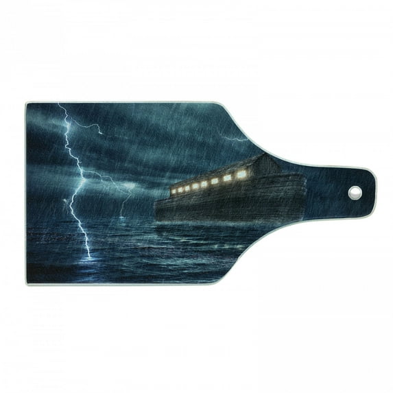 Nature Cutting Board, Old Nostalgic Wooden Boat Ship During Rain and Thunder Storm Scary Dramatic Scene, Tempered Glass Cutting and Serving Board, Wine Bottle Shape, Blue Brown, by Ambesonne
