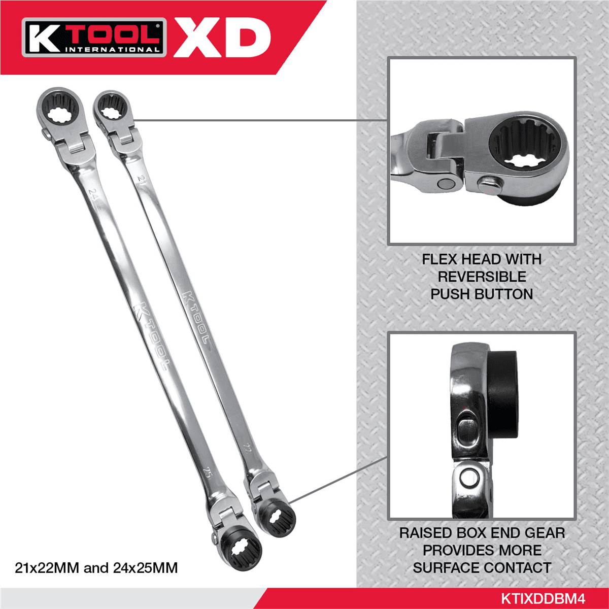 K Tool International XDDBM4, 21X22MM, 90 Tooth Design, 180 Degree Flex Head Wrench Set 2 Piece
