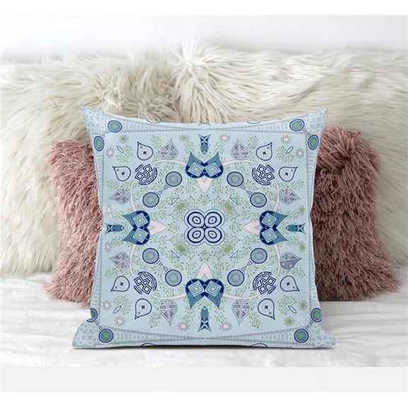 Paisley Leaf Geo Throw Pillow with Removable Cover in Light Blue Aqua White 16x16