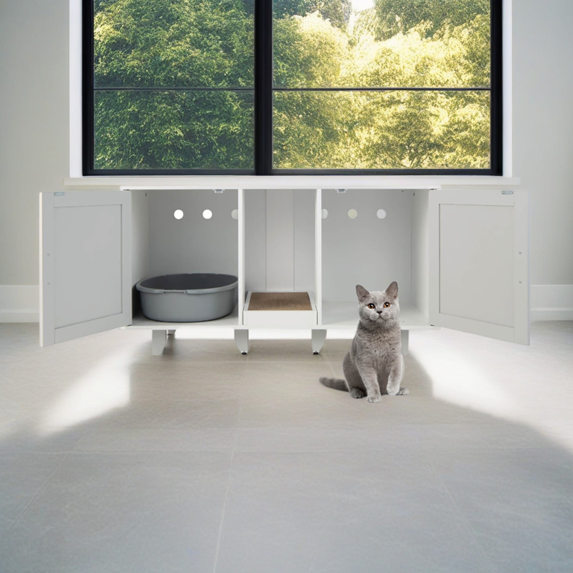 resenkos 47" Litter Box Enclosure for 2 Litter Boxes, Hidden Cat Washroom with 2 Cabinet House, Scratching Board, Indoor Cat Litter Furniture, Gray