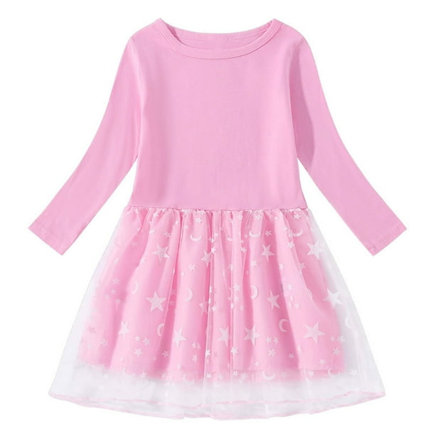 Odeerbi Niñas Manga Larga Vestido Tul Lentejuelas Primavera Otoño Algodón Cuello Redondo Malla Empalme Vestido Suelto