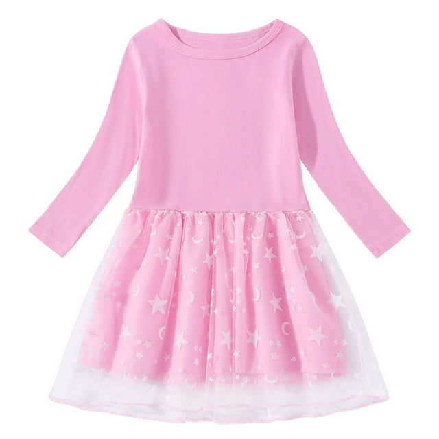 COM1950s Robe Longue avec Manches, Robe en Coton à Manches Longues et Col Rond pour Filles avec Empiècements en Mesh, Jupe Décontractée Ample et Confortable, Robe d'Été Décontractée