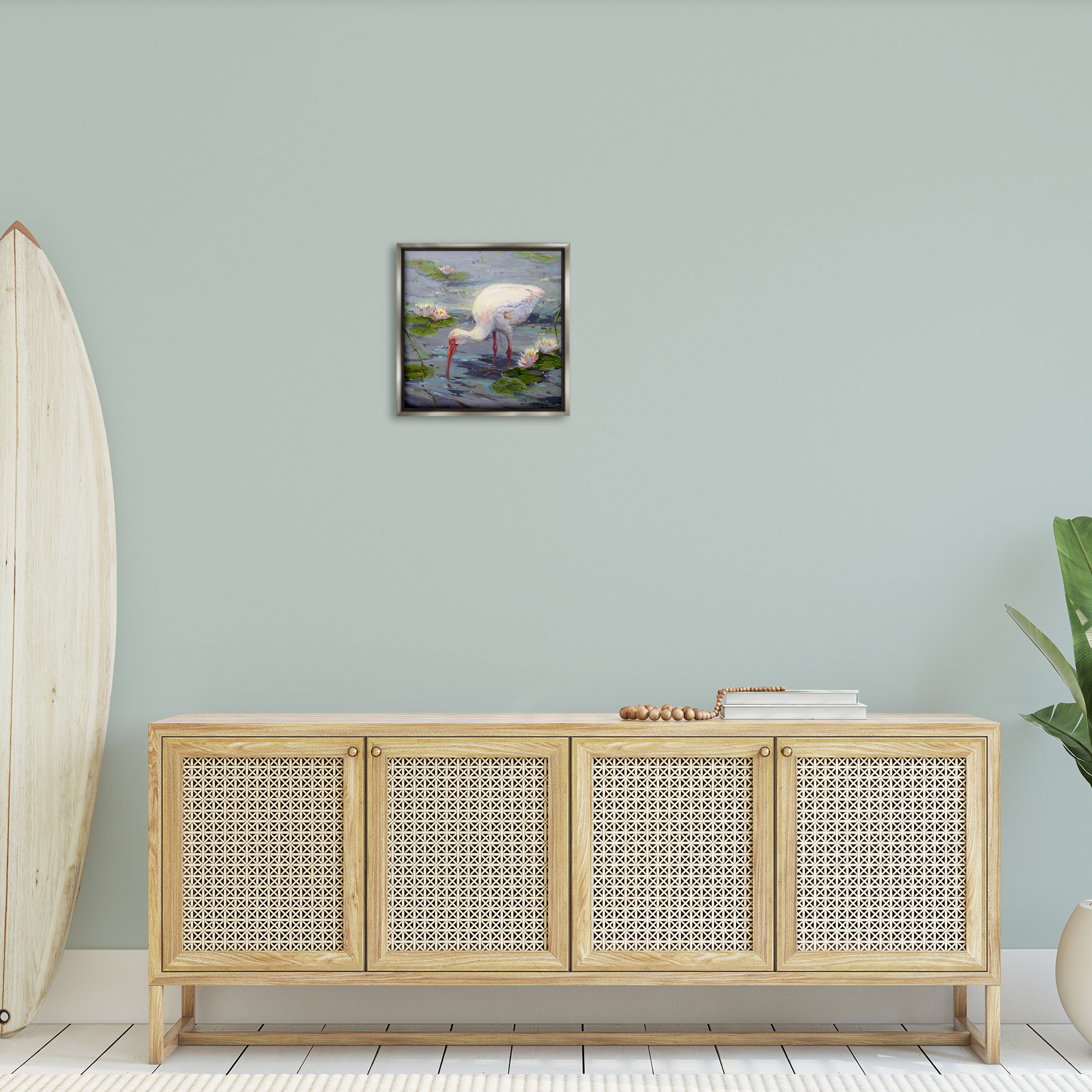Stupell Industries Water Bird with Pond Lilies Animals & Insects Painting Gray Floater Framed Canvas Art Print Wall Art, 18 x 18