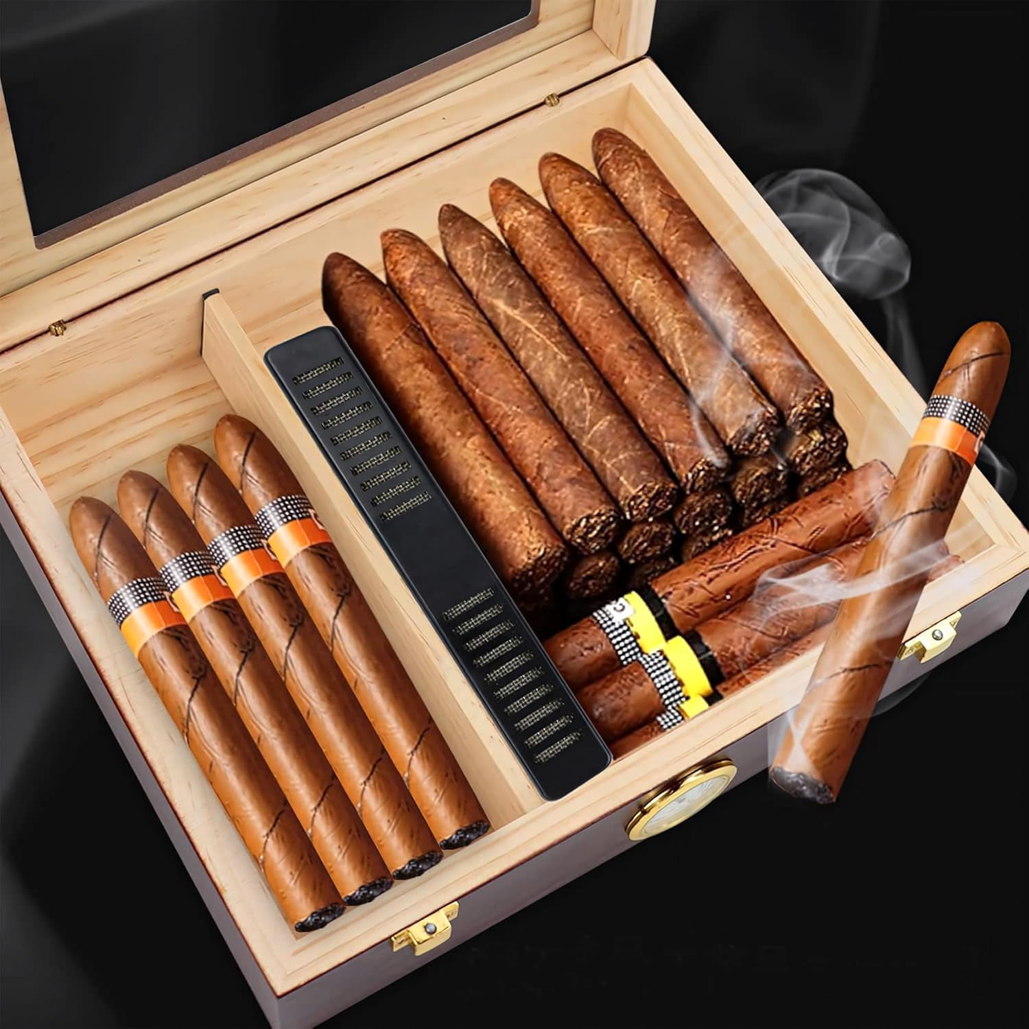 Humidor Cigar Box for Men:Cedar Wood Cigar Box,Cigar Humidor with Humidity Monitoring System,Cigar Case for Men for Holding 25-30 Cigars,Cigar Accessories for Men,10 * 8 in