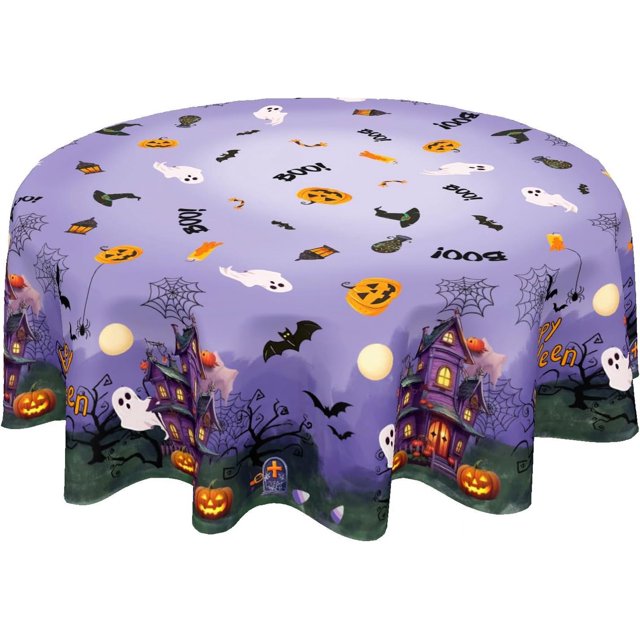 Halloween Tablecloth Round 60 Inch Spider Web Pumpkin Decoration Outdoor Table Cloth Purple Rustic Table Cover for Dining Kitchen Holiday Party Picnic Home Halloween Party Decor