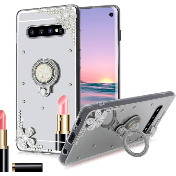 for Galaxy S22 Ultra Makeup Mirror Case for Women Girls Luxury Bling Glitter Rhinestone Cover with Shiny Crystal Diamond Finger Ring Stand Holder Cute Girly Cases for Galaxy S22 Ultra Silver