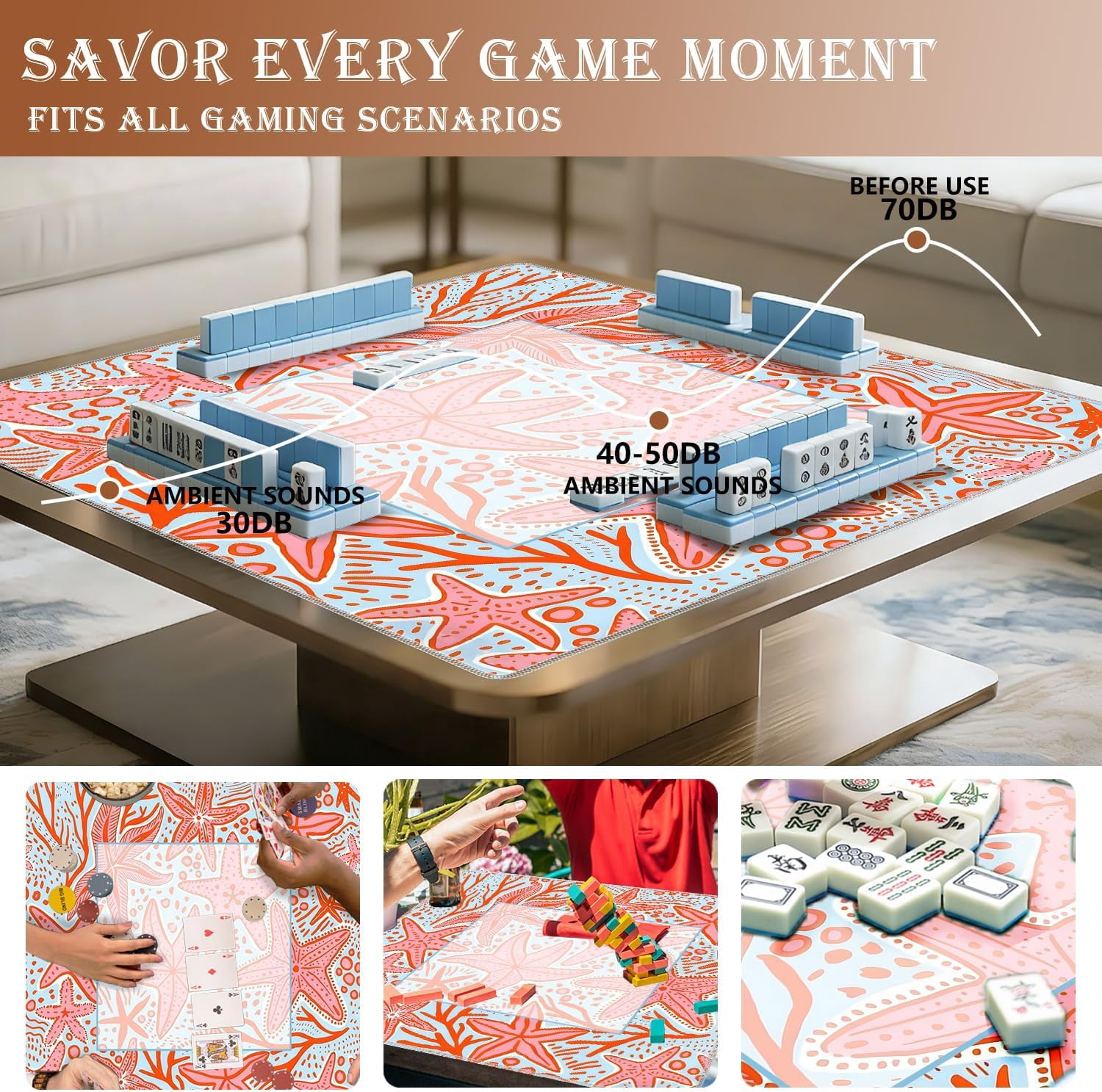 Preppy Beach Starfish Mahjong Mat for Table 31.5x31.5 in, Pink and Light Blue Coastal Mahjong Table Mat Cover Anti Slip Noise Reduction for Mah Jong Card Board Tile Games