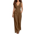 thumbnail image 2 of VBVC Women's Cotton Linen Wrap V Neck Jumpsuit , Sleeveless Summer Romper For Women , Ladies' Wide Leg Vacation Overalls with Pockets, Brown , S-2XL, 2 of 4