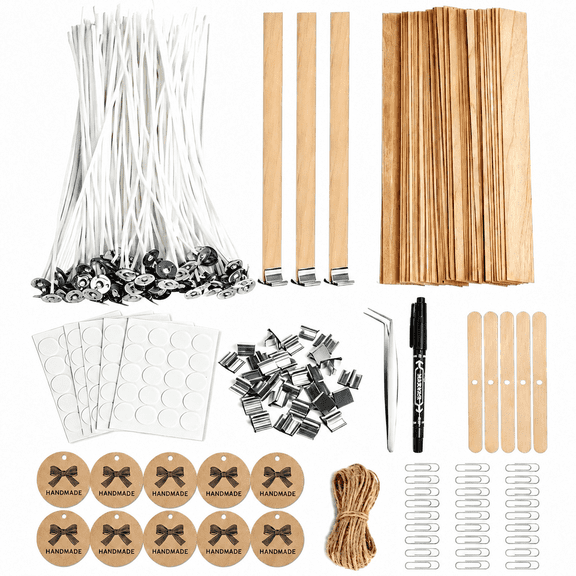 TAETOE 130 Pcs Candle Wicks for Candle Making Kit: 100 Cotton & 30 Wood Wicks with Complete Tool Set (Wick Stickers, Candle Tabs, Tweezers, Pen), for Soy Beeswax DIY Candles