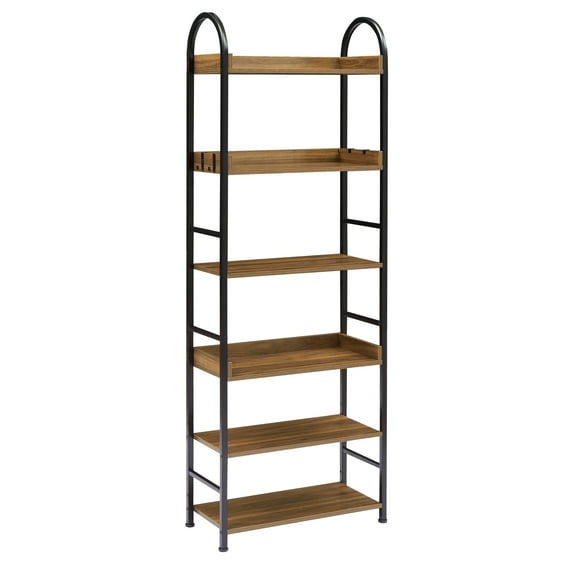 Royard Oaktree 6-Tier Bookcase Tall Bookshelf with Open Shelves Industrial Bookshelves with Metal Round Top Frame Wooden Display Storage Shelf for Living Room Bedroom Home Office,Brown