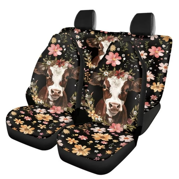 Jeiento Floral Cow, Polyester and Spandex Fabric, Front Seat Covers, 4 Pieces