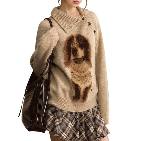 Women'S Dog Print Sweater High Neck Long Sleeve Knit Top Pullover Jumper Fall Winter Clothes Khaki One size