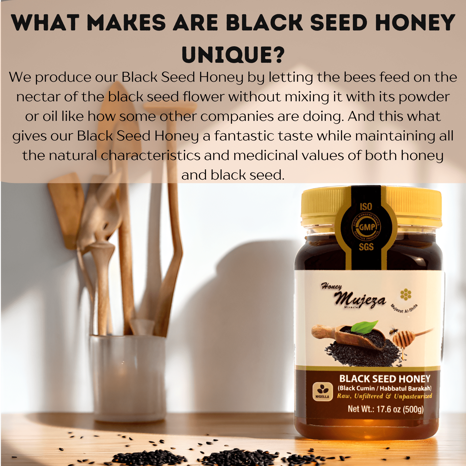 Mujeza Raw Black Seed Honey - (Black Cumin- Nigella Seeds) Not Mixed with Black Seed Oil or Powder - Gluten Free - Non-GMO - Unfiltered - Unprocessed - 100% Natural Honey 500g/17.6oz