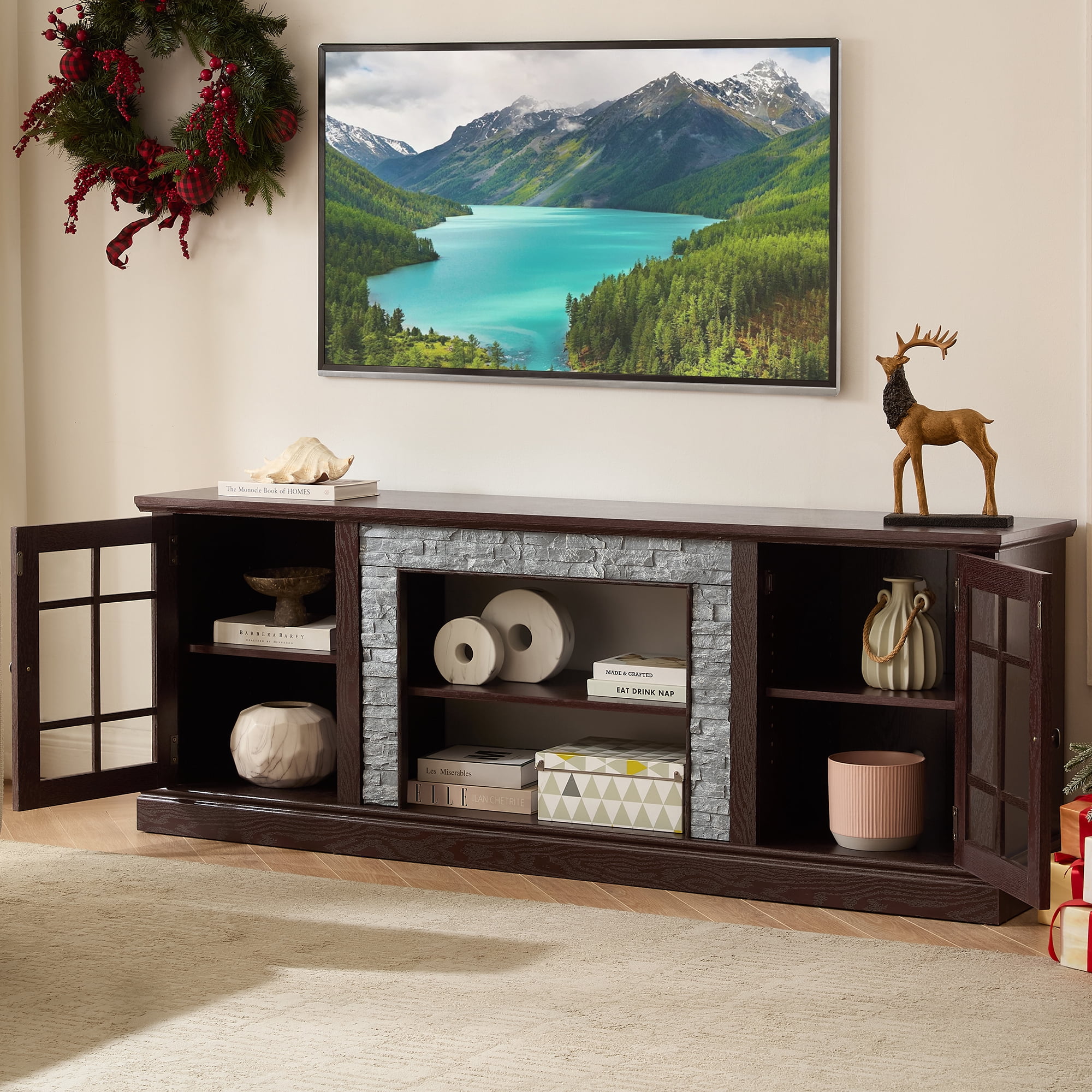 HIUU Farmhouse TV Stand with Storage,Faux Stone Entertainment Center for 65 Inch TVs,Modern TV Consoles for Living Room,Entertainment Stand(Cherry)