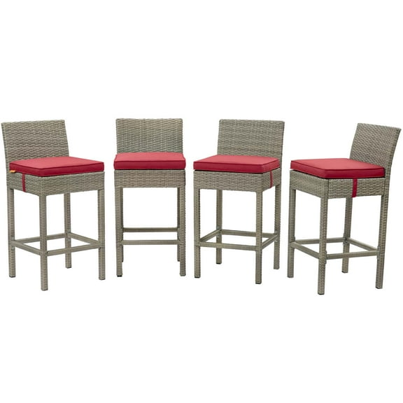 Contemporary Modern Urban Designer Outdoor Patio Balcony Garden Furniture Bar Side Stool Chair, Set of Four, Fabric Rattan Wicker, Red