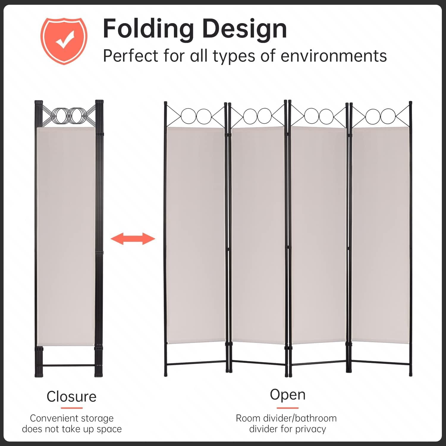 YRLLENSDAN 4 Panel Room Divider 6FT Steel Frame Screen Folding Privacy Divider Freestanding Partition for Home Office Bedroom (Tan)