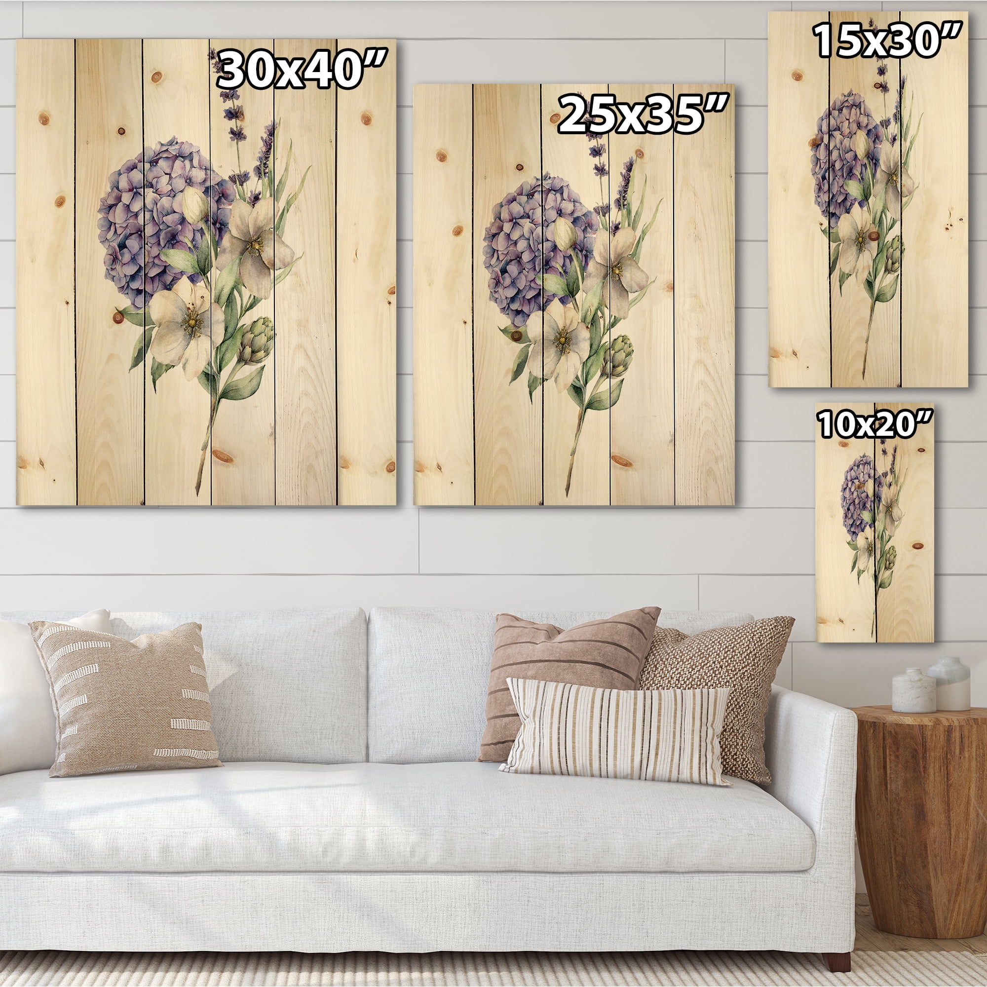 Designart 'Bouquet Of Lavender Anemone Artichoke & Hydrangea ' Traditional Print on Natural Pine Wood