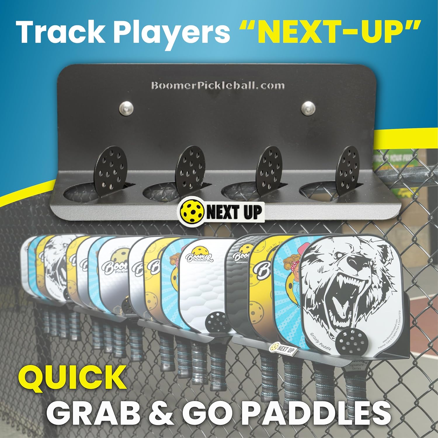 Boomer 45D Pickleball Paddle Rack, 4 Paddle Holder with 45 Degree Display, Heavy Duty Steel Court Organizer