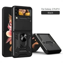 Compatible with Galaxy Z Flip 4 Case with Sliding Camera Lens Cover and Ring Kickstand Heavy Duty Military Grade Protection Phone Shockproof Back Cover for Samsung Galaxy Z Flip 4, Black