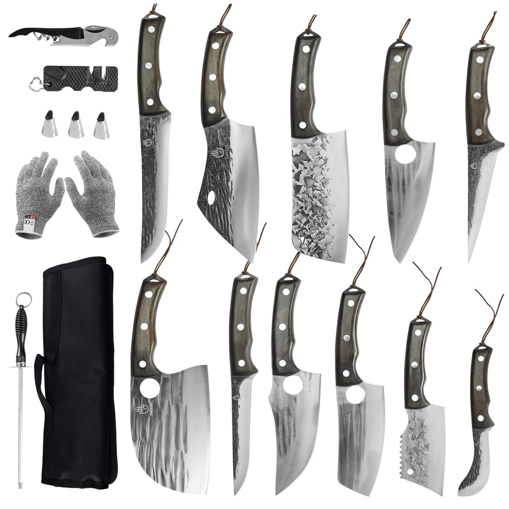 FULLHI 15pcs Butcher Knife Set include sheath High Carbon Steel Cleaver Kitchen Chef Knife Set Whole Tang Vegetable Cleaver Home BBQ Camping with Knife Bag