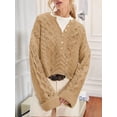 thumbnail image 6 of Female Chunky Cable Crop Sweater Pullover Casual Half Button Flared Long Sleeve Jumper Pullovers Khaki XL, 6 of 7