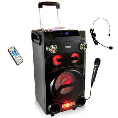 PYLE PWMA335BT - Portable Bluetooth Karaoke Speaker System - PA Loudspeaker with Flashing DJ Lights, Built-in Rechargeable Battery, FM Radio, MP3/USB/Micro