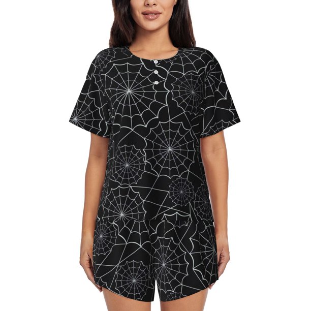 Balery Spider Web Black Conjunto de Pijama para Mujer con Estampado, Dos Piezas de Manga Corta y Shorts, Ropa de Dormir Suave con Cuello Redondo y Bolsillos-Medium