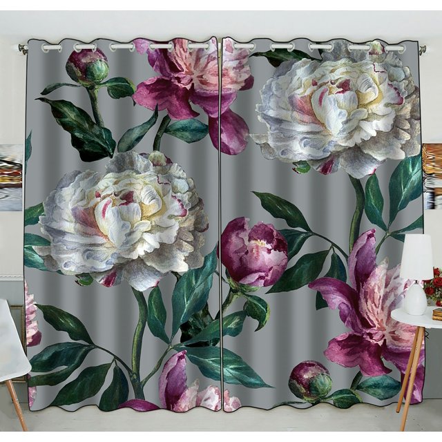 Cortina de cocina ABPHQTO con peonías blancas y moradas 130x210 cm dos piezas