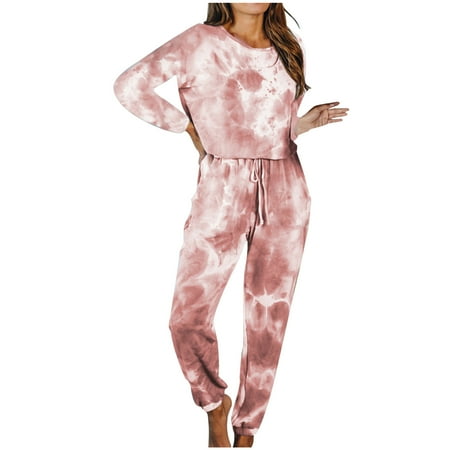 

skpabo Womens Two Piece Outfits Tie Dye Long Sleeve Pullover Pajamas Sets