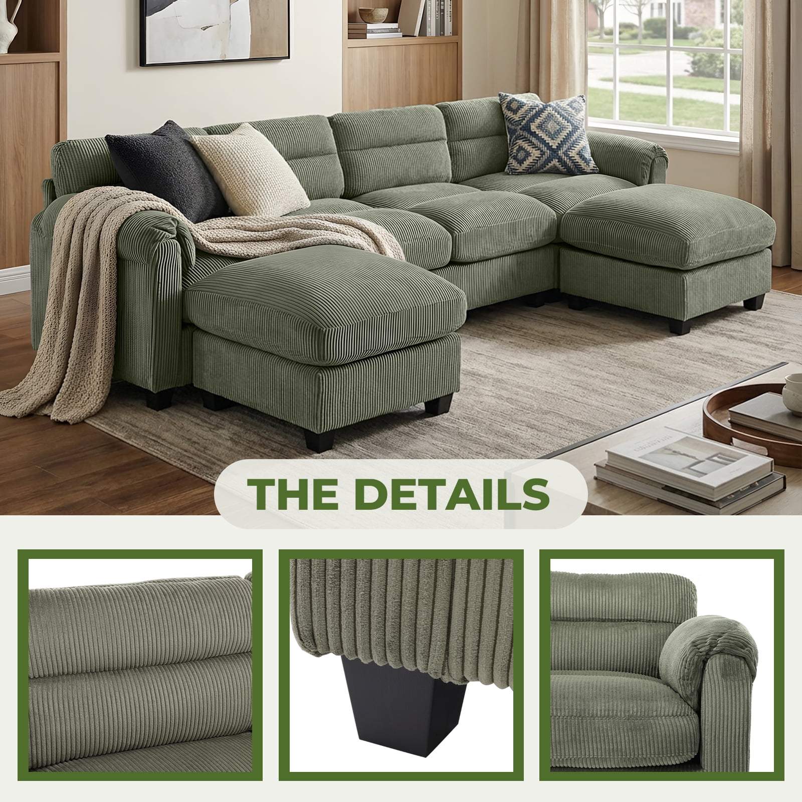 Bonzy Home Modular Sectional Sofa Couches for Living Room U-Shaped Sofa Green