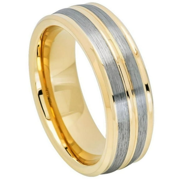 8mm Tungsten Carbide Yellow Gold IP Plated Pinstripe Gun Metal Finish Low Beveled Edge Wedding band Ring for Men and Ladies