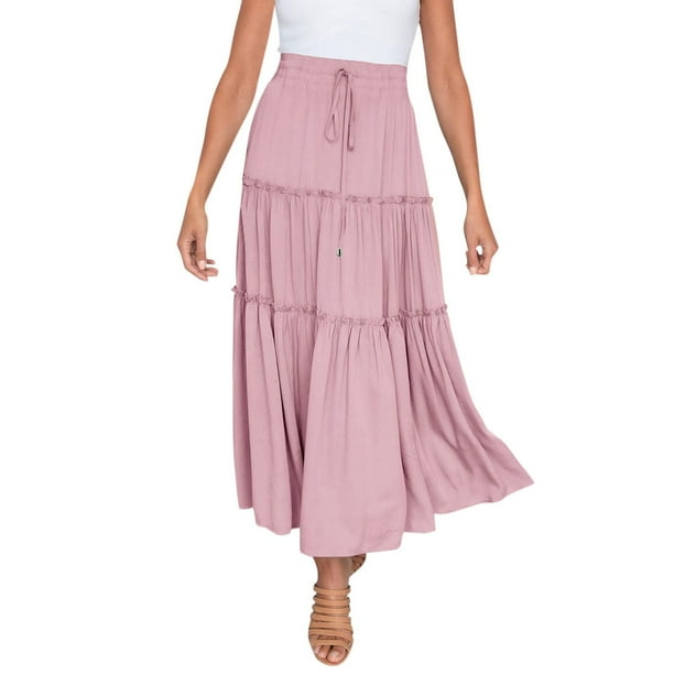 Falda larga boho elástica de cintura alta para mujer: con volantes, corte en A, cordón, poliéster, para todas las estaciones, tallas S-XL.