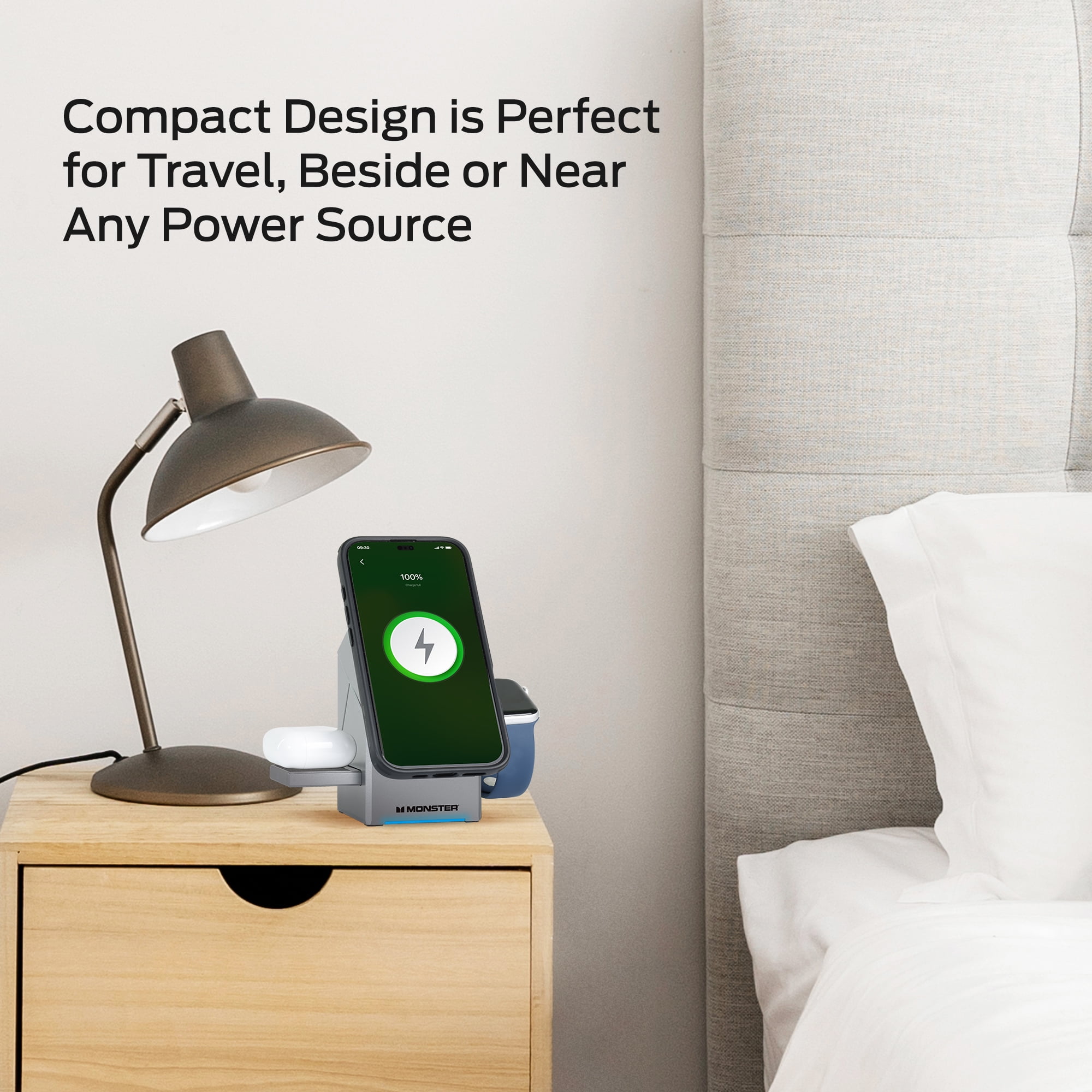 Monster 3-in-1 Wireless Charger Stand, Qi2 Magnetic iPhone Charger for iPhone 16/15/14/13, Apple Watch & AirPods, Motorized Rotating Phone Charger, 22.5W, 30W USB-C PD Adapter