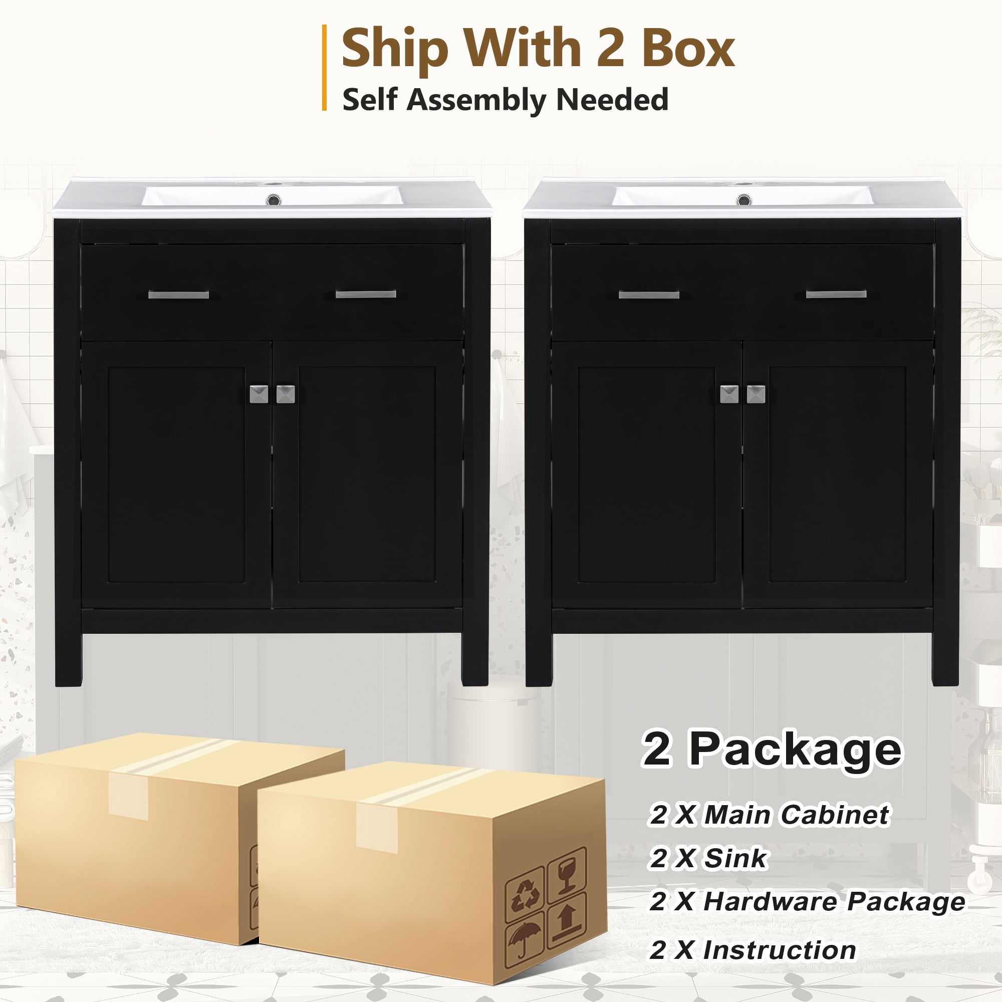 Euroco 60" Modern Black Bathroom Vanity Set with Double Vanities (Separate), Double Ceramic Sinks, Adjustable Shelf, Soft Close Doors and Flip Drawer– Modern Bathroom Solution for Spacious Bathrooms