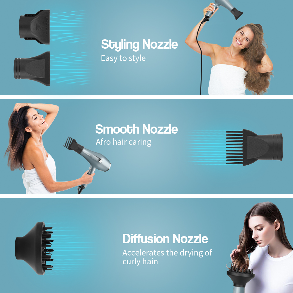 Faszin Ionic Salon Hair Dryer, Professional Blow Dryer 2200W AC Motor Fast Drying with 2 Speed, 3 Heat Setting, Cool Button, with Diffuser, Nozzle, Concentrator Comb for Curly & Straight Hair-Blue