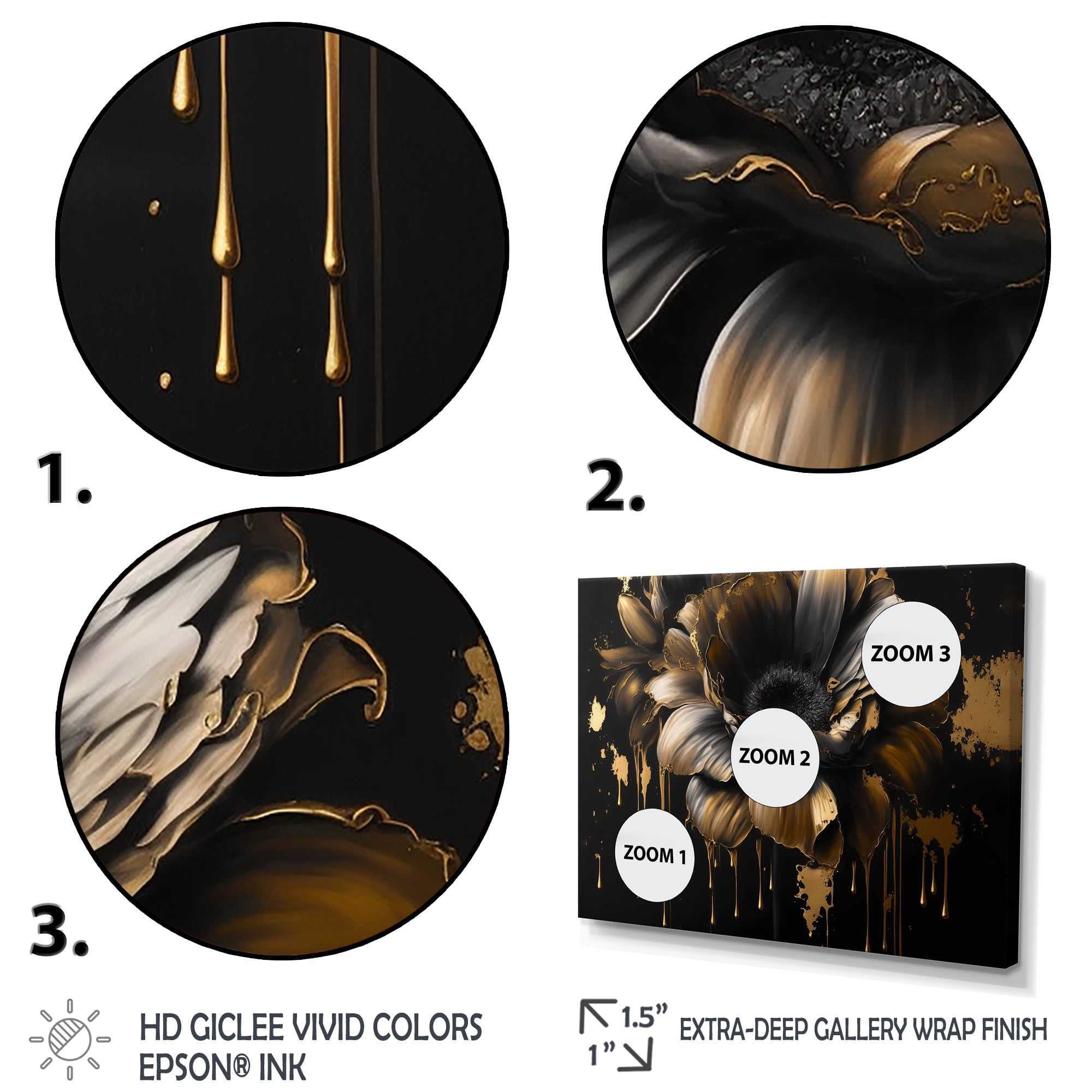 Designart Black And Gold Daisy I Canvas Wall Art