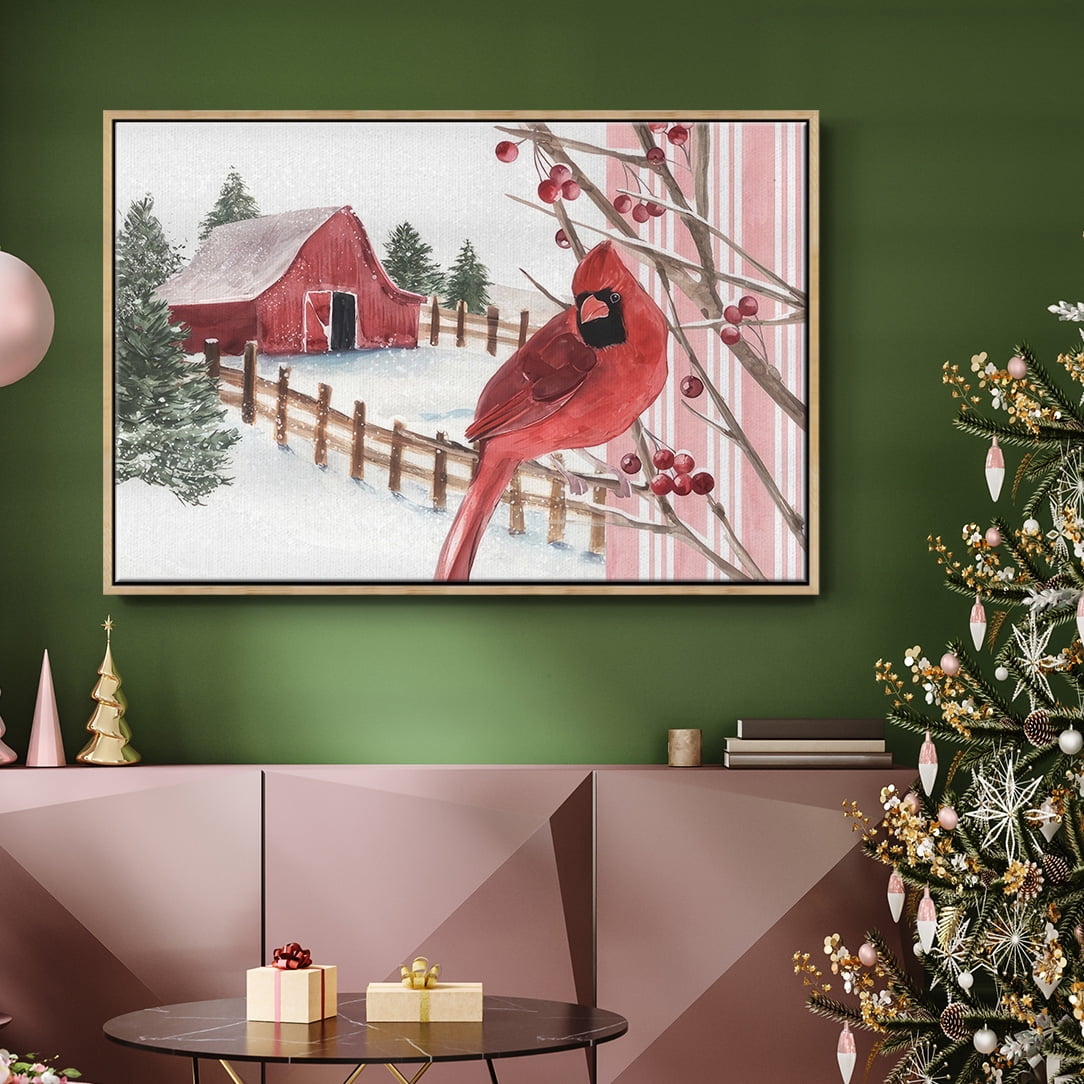 Winter Cardinal Collection A - Framed Gallery Wrapped Holiday Canvas - 25 x 37 - Natural Wood Frame