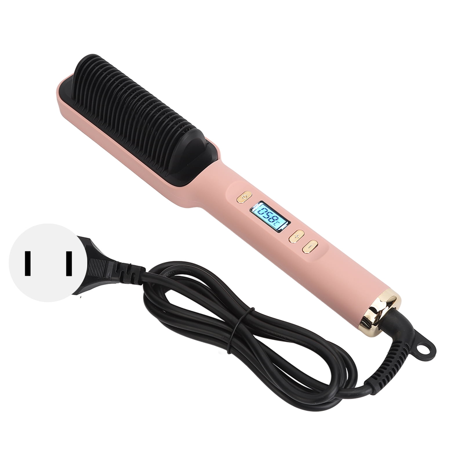 2 in 1 Negative Ion Hair Straightener Styling Comb PTC Uniform Rapid Heating Straightening Comb with LCD Display Pink US Plug
