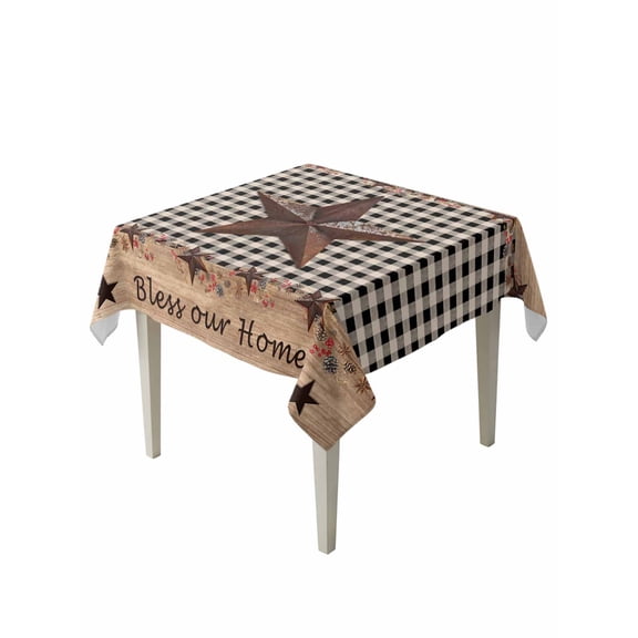 Texas Star Plaid Table Cloth, Farmhouse Black Brown Texas Vintage Waterproof Tablecloth for Square Tables, Reusable Washable Fabric Table Cover for Restaurant Kitchen Dining Tables 54"x54"