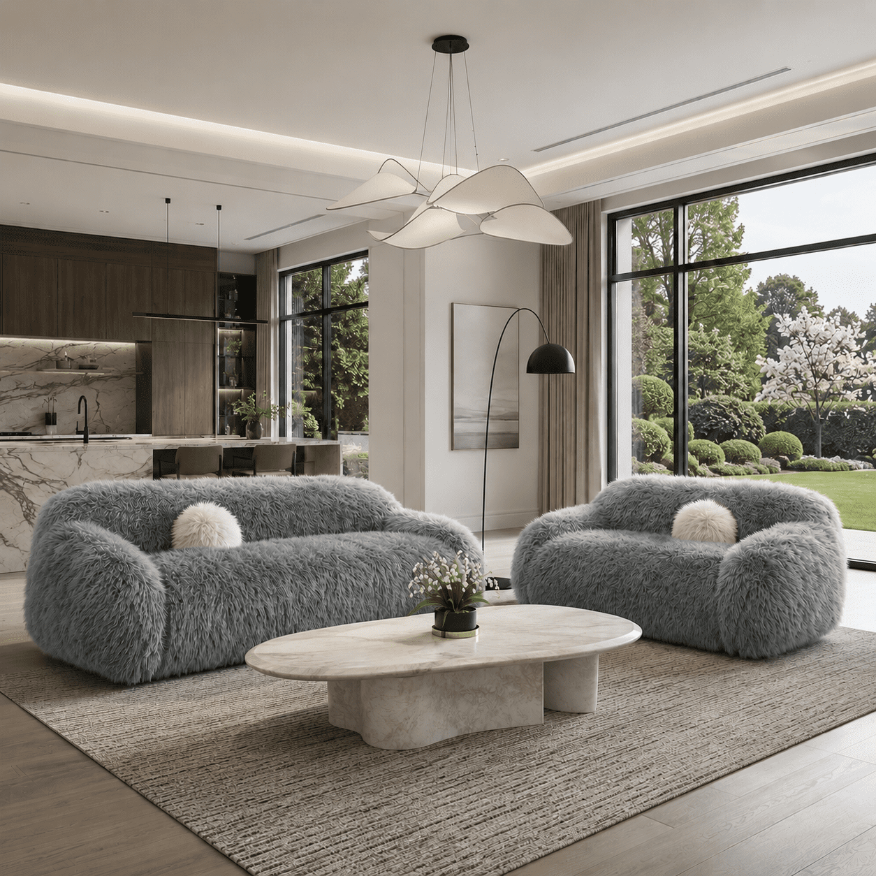 Aenkyo 84 Inch Plush Faux Fur Sofa, 25 Inch Deep Seat 3-Seater Couch with Ball Pillow, Gray