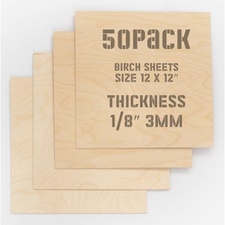 50 Pack Baltic Birch Plywood 3mm 1/8 12x12 Inch Thin Wood Square Sheets - Ideal for DIY, Crafts, Pyrography, Laser Cutting, Engraving, Childrens Arts, School Projects, Painting, Wood Burning