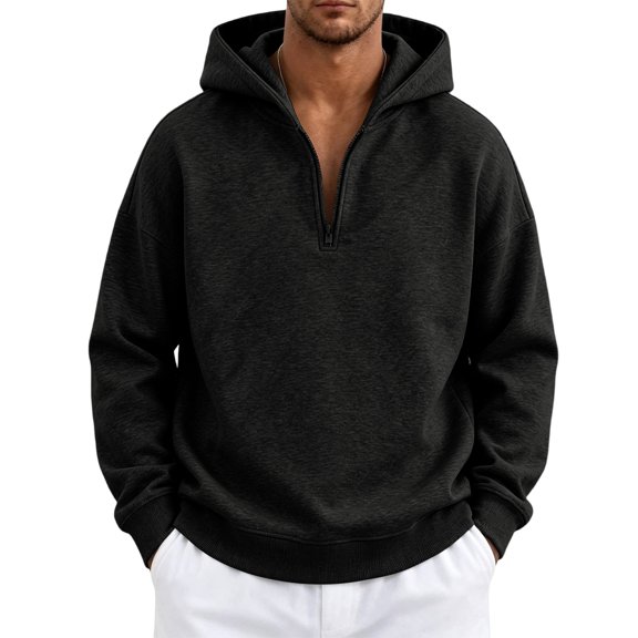 Men's Quarter Zip Hoodies Zip Up Hoodie Long Sleeve Drop Shoulder Sweatshirt Casual Pullover, 2XL