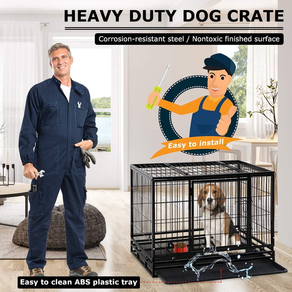 YRLLENSDAN 48 inch Dog Crate Dog Cage Dog Kennel for Large Dogs Heavy Duty Pet Playpen for Training Indoor Outdoor with Plastic Tray Double Doors & Locks Design